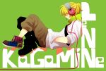  actcat3 blonde_hair character_name green green_background hands_in_pockets headphones hearts highres kagamine_len lying male necktie pants ponytail scarf short_hair smile solo vocaloid 