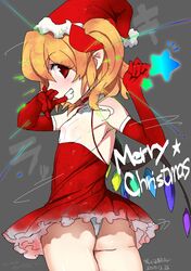  ass bad_id blonde_hair christmas elbow_gloves flandre_scarlet gloves grin hat panties pantyshot red_eyes rkrk santa_costume santa_hat short_hair side_ponytail smile solo teeth the_embodiment_of_scarlet_devil touhou underwear white_panties wings 