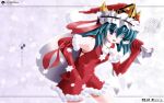  blue_eyes christmas elbow_gloves gloves green_hair hat sack santa_costume santa_hat shikieiki_yamaxanadu short_hair side_b smile snow solo touhou wink 