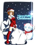  brown_hair chu hagiwara_yukiho idolmaster nonowa santa_costume scarf short_hair snow snowman thighhighs 