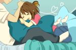  bed blush brown_hair closed_eyes eyes_closed hair_brush heart hirasawa_yui k-on! open_mouth pillow short_hair smile source_request 