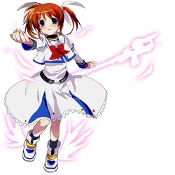  bad_id bow brown_hair hair_ribbon highres lyrical_nanoha mahou_shoujo_lyrical_nanoha raising_heart ribbon short_twintails solo staff takamachi_nanoha twintails wings yume_mizuumi 