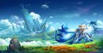  bird butterfly cloud clouds diamond_dust fantasy flower grass highres multiple_girls orange_hair original riding scenery sky sword weapon wolf 