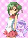  1girl artist_request doraemon doraemon_(character) female green_hair lowres mizuki_kotori mizuki_kotori_(yugioh_zexal) mizuki_kotori_(yuu-gi-ou_zexal) ribbon short_hair skirt yu-gi-oh! yuu-gi-ou yuu-gi-ou_zexal 