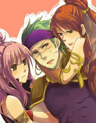  1boy 2girls armlet armor bad_id blush braid dancer fire_emblem fire_emblem:_seima_no_kouseki fire_emblem_sacred_stones gerik green_hair harem harem_outfit long_hair male marica_(fire_emblem) marisa multiple_girls open_mouth pink_hair ponytail red_eyes red_hair redhead scar sweat tethys 