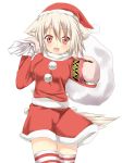  animal_ears bad_id christmas efe face gift hat inubashiri_momiji mittens open_mouth red_eyes sack santa_costume santa_hat short_hair solo striped striped_legwear striped_thighhighs tail thighhighs touhou white_hair wolf_ears wolf_tail 