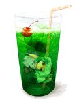  cherry chibi cup food fruit girl_in_a_cup green_eyes green_hair ice in_container in_cup kaio_(watagami) kawashiro_nitori minigirl solo straw touhou 