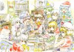  alternate_costume animal_ears beer blonde_hair book bookshelf bottle brown_hair cake capelet cheese chicken chicken_(food) christmas computer detached_sleeves eating food gap ghost glasses green_eyes green_hair grey_hair hair_bobbles hair_ornament hakurei_reimu hat kawashiro_nitori kirisame_marisa konpaku_youmu konpaku_youmu_(ghost) kotatsu master_(4th) mima mizuhashi_parsee morichika_rinnosuke mouse_ears mouse_tail multiple_girls myon nazrin pink_hair poster_(object) purple_eyes red_eyes room saigyouji_yuyuko sake santa_costume santa_hat scarf shimamura_youmu silver_hair swiss_cheese table tail touhou traditional_media twintails violet_eyes watercolor_(medium) yakumo_yukari zun 