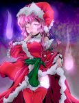  christmas dress dress_lift hat pink_eyes pink_hair saigyouji_yuyuko santa_costume santa_hat solo thighhighs touhou wink yukimimi 