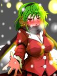 1girl :o adapted_costume blush breasts breath earmuffs flower green_hair impossible_clothes impossible_clothing kazami_yuuka large_breasts looking_at_viewer night open_mouth outdoors plaid plaid_skirt red_eyes rindou_(p41neko) scarf shiny shiny_clothes short_hair shy skirt snow snowing solo sunflower touhou v-neck winter winter_clothes youkai