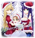  alternate_costume alternate_hairstyle blonde_hair blue_hair blush breasts brief_(character) brief_(psg) cleavage green_eyes hat highres long_hair multicolored_hair multiple_girls open_mouth orange_hair panty_&amp;_stocking_with_garterbelt panty_(character) panty_(psg) sack santa_costume santa_hat short_hair smile snow stocking_(character) stocking_(psg) striped striped_legwear striped_thighhighs thigh-highs thighhighs two-tone_hair wink yukian 