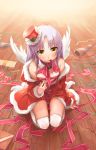  angel_beats! christmas coat_removed erect_nipples flat_chest flyx2 hat highres kneeling mouth_hold naked_ribbon original purple_hair ribbon santa_costume silver_hair tachibana_kanade thigh-highs thighhighs top_hat white_legwear white_thighhighs wings yellow_eyes 