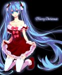  bare_shoulders blue_eyes blue_hair dress garter_straps hair_ornament hatsune_miku highres holly kneeling long_hair simple_background solo strapless_dress thigh-highs thighhighs twintails very_long_hair vocaloid yuh 