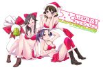  anegasaki_nene bell black_eyes black_hair boots bow breasts brown_hair christmas cleavage gloves hair_bow hat high_heels kobayakawa_rinko long_hair love_plus miniskirt mole multiple_girls open_mouth purple_eyes purple_hair sack santa_hat sasetsu shoes short_hair skirt takane_manaka thighhighs twintails violet_eyes wink wristband 