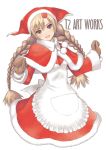 amyl_(shining_hearts) apron blonde_hair blush braid brown_eyes character_request christmas gloves hair_ornament long_hair manaflare_amil mittens no_legs open_mouth shining_(series) shining_hearts simple_background solo taka_tony tanaka_takayuki twin_braids white_background winter_clothes 