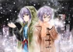  brown_eyes cardigan cityscape coat daishou dual_persona glasses grey_hair nagato_yuki nagato_yuki_(shoushitsu) scarf school_uniform short_hair snow suzumiya_haruhi_no_shoushitsu suzumiya_haruhi_no_yuuutsu 