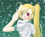  blonde_hair blush green_eyes heterochromia long_hair looking_back lyrical_nanoha mahou_shoujo_lyrical_nanoha mahou_shoujo_lyrical_nanoha_strikers pointing red_eyes side_ponytail smile snow teliga vivio 