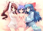  3girls blue_eyes blue_hair bottomless breasts brown_hair cleavage hands_on_own_chest hands_to_chest long_hair lying multiple_girls red_eyes shin_(new) short_hair trif 