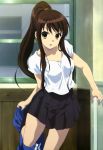  absurdres alternate_hairstyle brown_eyes brown_hair highres ikeda_shouko long_hair nyantype official_art ponytail skirt solo standing_on_one_leg suzumiya_haruhi suzumiya_haruhi_(shoushitsu) suzumiya_haruhi_no_shoushitsu suzumiya_haruhi_no_yuuutsu very_long_hair 