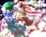  blue_hair blush bow christmas christmas_tree front_ponytail gloves green_eyes green_hair hair_bobbles hair_bow hair_ornament hair_ribbon hug kagiyama_hina kawashiro_nitori mutual_yuri ribbon short_hair smile snow touhou twintails wallpaper yumeko_(artist) yuri 