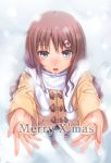  blush brown_hair chobipero christmas coat highres loafers long_hair open_mouth original outstretched_arms scarf shoes solo winter_clothes 