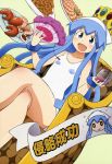  absurdres blue_eyes blue_hair crossed_legs crown cupping_glass drink dutch_angle fan flat_chest food hat highres ikamusume lobster nyantype official_art one-piece_swimsuit open_mouth shinryaku!_ikamusume shrimp sitting solo swimsuit tentacle tentacles throne white_swimsuit 