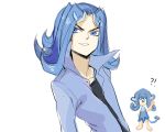  !? 1boy blue_hair hiyakkie kamashira_ryoga kamishiro_ryouga long_hair male parody pokemon ryoga simipour simple_background solo yu-gi-oh! yuu-gi-ou yuu-gi-ou_zexal 