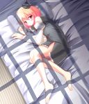  barefoot bed blonde_hair crescent crescent_moon feet hat highres legs lunasa_prismriver pillow red_eyes short_hair solo tkisii touhou 