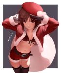  bag belt bikini_top black_legwear brown_eyes brown_hair front-tie_top gloves highres idolmaster idolmaster_2 kikuchi_makoto navel nekopuchi salute santa_costume short_hair shorts smile solo thighhighs 