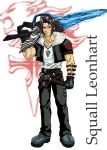  brown_hair electricity english final_fantasy final_fantasy_viii gloves grey_eyes gunblade highres jacket jewelry kingdom_hearts male muscle necklace scar smile solo squall_leonhart sword weapon 