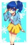  1girl adjusting_glasses aikatsu! blue_eyes blue_hair casual flower glasses highres jewelry kiriya_aoi necklace side_ponytail skirt smile solo uogashi_sorato wink 
