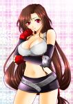  1girl brown_hair cleavage final_fantasy final_fantasy_vii fragran0live gloves highres large_breasts legs long_hair low-tied_long_hair navel ponytail red_eyes solo thighs tifa_lockhart 