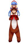  bad_id blue_eyes blue_hair brown_eyes brown_hair carrying christmas hat highres ikamusume kuroganego long_hair nagatsuki_sanae reindeer riding santa_costume shinryaku!_ikamusume shoulder_carry tentacle_hair 