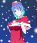  blue_hair blush breasts capelet cleavage embarrassed gloves gradient_hair h-new leaf multicolored_hair red_eyes santa_costume short_hair solo touhou yasaka_kanako 