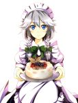  blue_eyes braid cake food izayoi_sakuya maid maid_headdress makita_(twosidegekilove) short_hair silver_hair solo touhou twin_braids twosidegekilove 