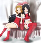  black_eyes black_hair blood brown_eyes brown_hair christmas hat hayashiya_zangourou hayashiya_zankurou highres k-on! nosebleed santa_costume santa_hat short_hair tainaka_ritsu thigh-highs thighhighs turtleneck 