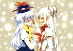  blush bow breath closed_eyes eyes_closed fujiwara_no_mokou hair_bow hat kamishirasawa_keine long_hair long_sleeves multiple_girls open_mouth profile red_eyes scarf shinoasa snow snowing touhou white_hair 