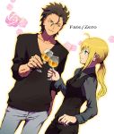  ahoge androgynous blonde_hair blue_eyes casual fate/stay_night fate/zero fate_(series) formal highres lancer_(fate/zero) mole pant_suit ponytail reverse_trap saber shinkai_(love-the-earth) suit tomboy waistcoat wine yellow_eyes 