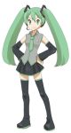  detached_sleeves green_eyes green_hair hands_on_hips hatsune_miku headset iseri long_hair lowres necktie skirt thigh-highs thighhighs twintails vocaloid 