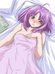  bare_shoulders bed bed_sheet blush green_eyes hand_on_own_chest hand_to_chest lying mitsuko_isurugi naked_sheet on_back pillow purple_hair super_robot_wars super_robot_wars_original_generation 