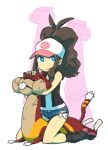  1girl annoyed baseball_cap blue_eyes boots brown_hair buck_teeth denim denim_shorts hat long_hair multicolored_eyes pokemon pokemon_(creature) pokemon_(game) pokemon_black_and_white pokemon_bw ponytail shorts smile straddle sweat touko_(pokemon) vest watchog yuuna_(alexi) 