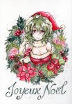  adapted_costume ahoge bare_shoulders berries breasts bust christmas cleavage elbow_gloves flower french gloves green_hair h_sakray hat highres holly kazami_yuuka light_smile lips looking_at_viewer merry_christmas messy_hair pine_cone pinecone pink_rose plaid poinsettia red_eyes red_gloves rose sack sakurai_haruto santa_costume santa_hat short_hair simple_background smile solo touhou translated wavy_hair white_background wreath youkai 