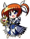  bow brown_hair chibi hair_ribbon highres lyrical_nanoha mahou_shoujo_lyrical_nanoha mahou_shoujo_lyrical_nanoha_the_movie_1st raising_heart ribbon short_twintails shun_ss solo staff takamachi_nanoha twintails wings 