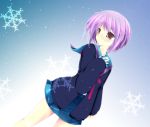  cardigan dutch_angle glasses kuon_itsuki nagato_yuki purple_hair school_uniform short_hair snowflakes suzumiya_haruhi_no_shoushitsu suzumiya_haruhi_no_yuuutsu 