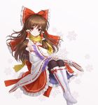  ahoge boots bow brown_eyes brown_hair detached_sleeves embellished_costume frills hair_bow hakurei_reimu knee_boots light_smile long_hair miko pantyhose perfect_cherry_blossom red_eyes scarf simple_background smile snowflakes solo touhou tucana 