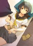  blue_eyes blue_hair book hijiri_ruka lying on_back persona persona_4 pillow school_uniform shirogane_naoto solo 