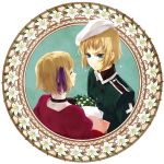  1girl axis_powers_hetalia blonde_hair blue_eyes blush circle couple cross dress flower kurosawalena liechtenstein_(hetalia) light_smile lily_(flower) male military military_uniform pale_skin purple_ribbon red_dress ribbon short_hair smile switzerland_(hetalia) uniform white_hat 