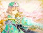  bad_id cherry_blossoms fan folding_fan keiko_(mitakarawa) pink_hair sad saigyouji_yuyuko smile solo touhou traditional_media tree 