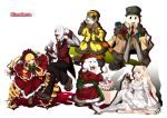  blonde_hair cake character_request christmas food green_hair hat highres kanaria kirakishou madhatter_hello pink_hair rozen_maiden santa_costume santa_hat shinku simple_background 