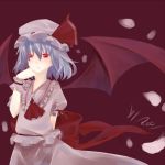  ascot bad_id bat_wings colored_eyelashes eyelashes finger_to_mouth hat hat_ribbon lavender_hair petals raicy red_eyes reeby remilia_scarlet ribbon short_hair signature simple_background solo touhou wings wrist_cuffs 